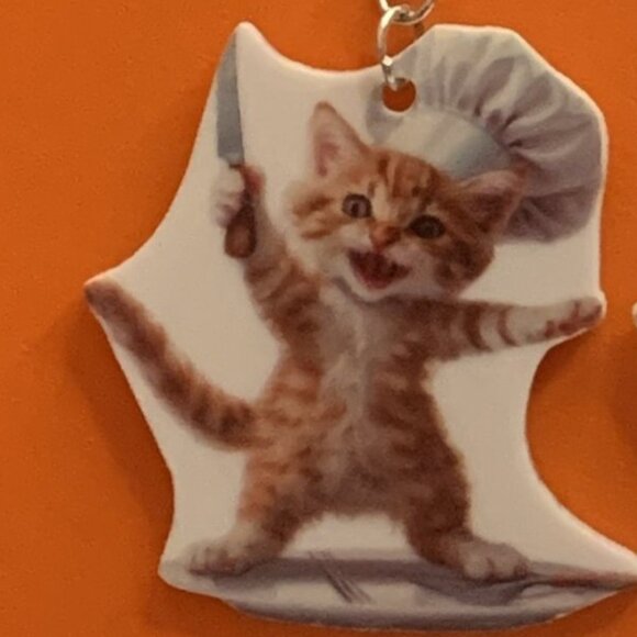 Cat Earring, Chef Earring, Knife Earring, Orange Cat Earring, Halloween Earring - Picture 1 of 9